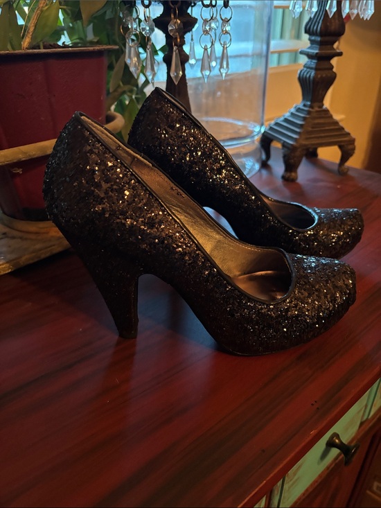 Qupid Shoes - Qupid Black Glitter Platform High Heels